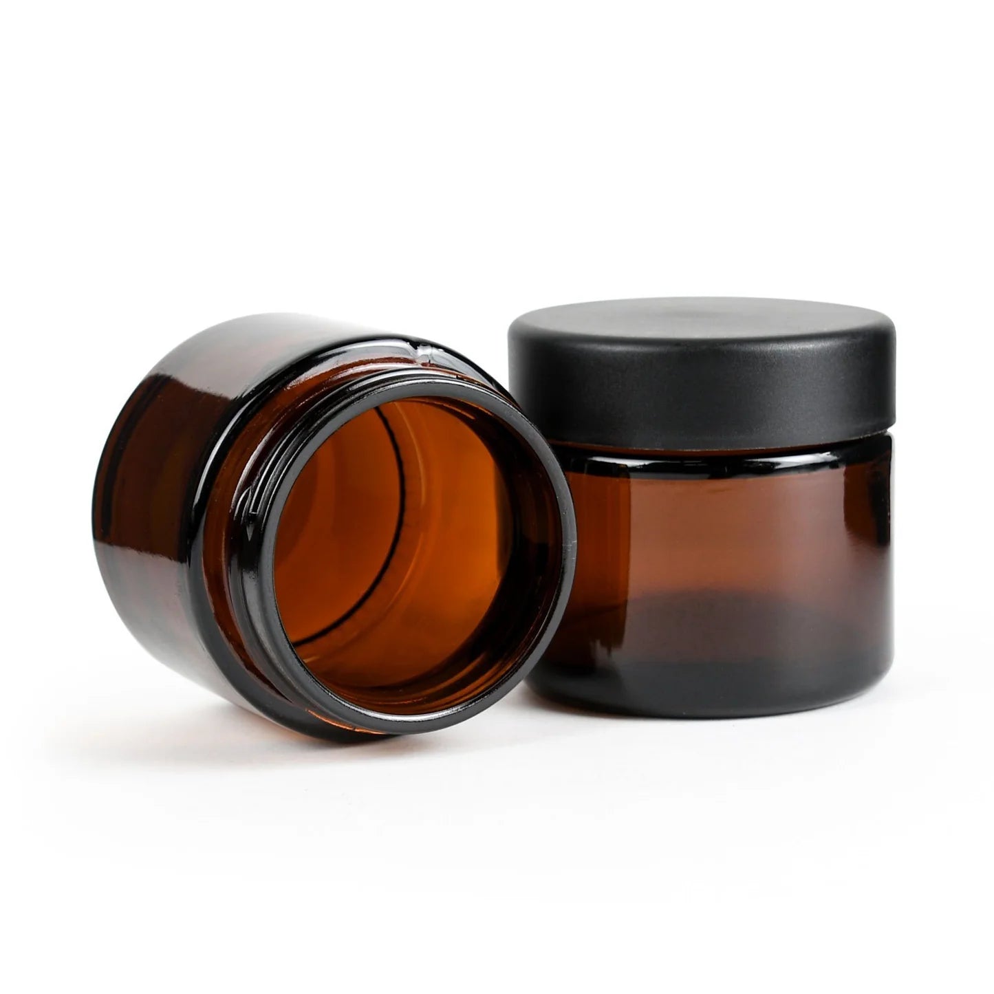 Premium 2oz Round Amber Glass Jar w/Matte Blackt Lid (200 count)