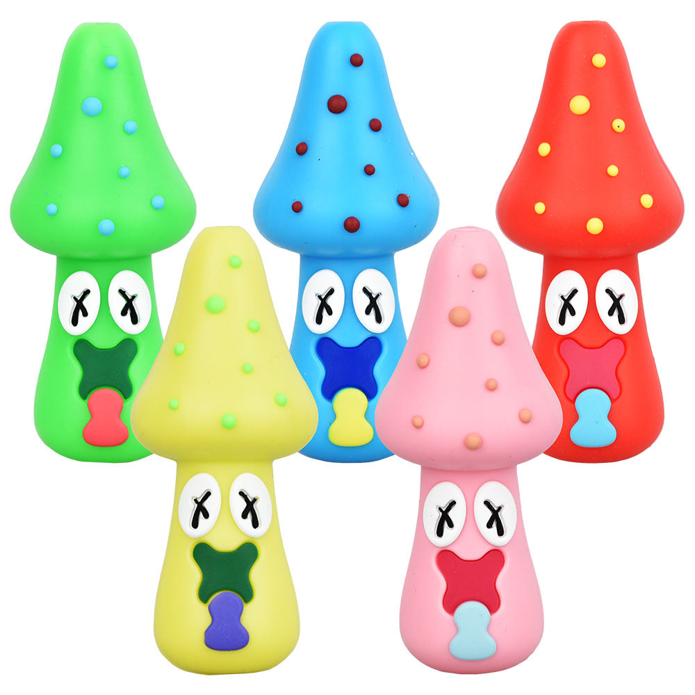 5PC SET - Spacey Facey Mushroom Silicone Hand Pipe - 3" / Assorted Colors